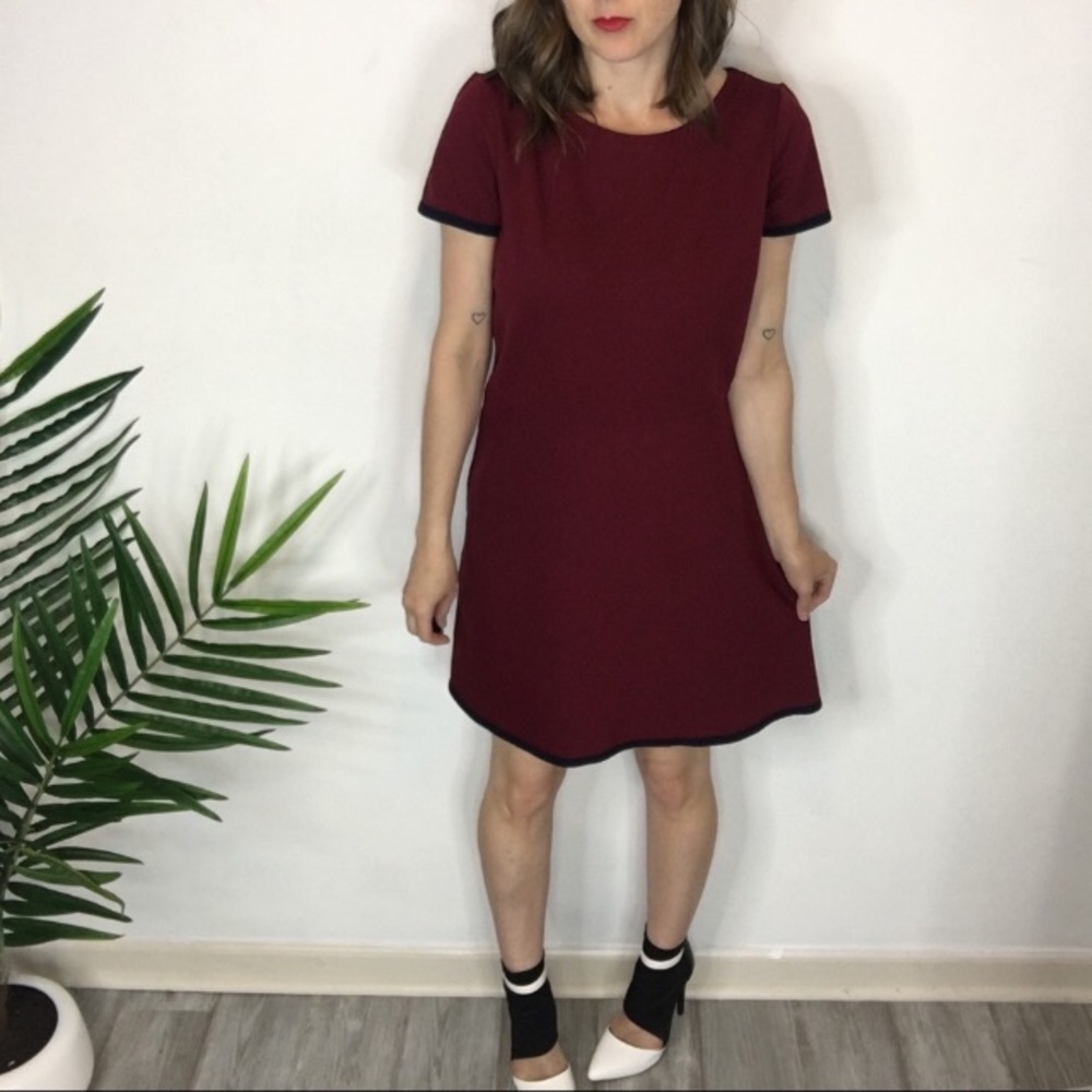 J. CREW fit & flare dress black trim burgundy 0325 - Picture 2 of 7